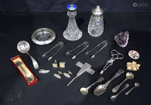 A collection of Silver and plated items , Scent bottle ,Amet...