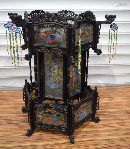 A Chinese hexagonal hardwood and reverse painted glass lante...