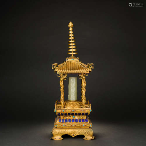 清 銅鎏金掐和田玉浮屠塔