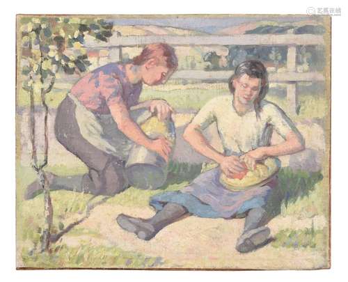 λ HAROLD DEARDEN (BRITISH 1888-1962), TWO FARM GIRLS AT WORK...