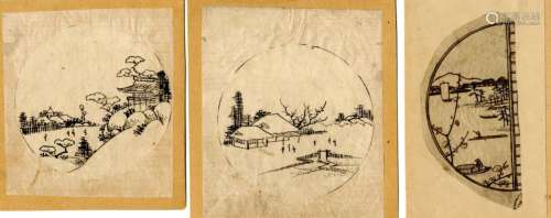 Hiroshige-Stil  Drei kleine Tuschezeichnungen mit Landschaft...