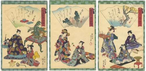 Kunisada II, Kimono, Set of 3 Original Japanese Woodblock Pr...