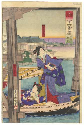 Kunichika, Restaurants, Original Japanese Woodblock Print