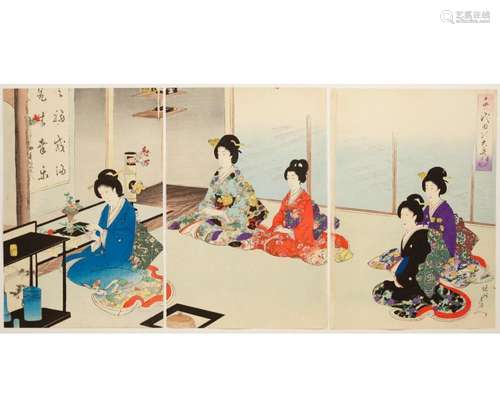 Chikanobu, Tea Ceremony, Original Japanese Woodblock Print