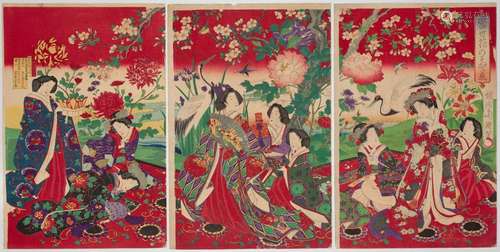 Chikanobu, Court Ladies, Original Japanese Woodblock Print