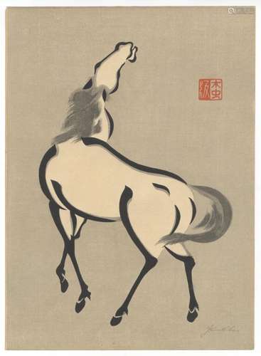 Mokuchu, Horse, Original Japanese Woodblock Print