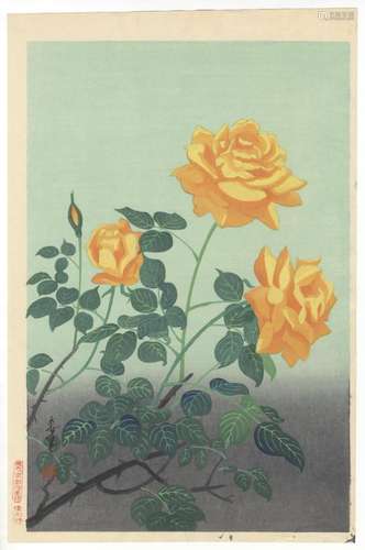 Bakufu Ono, Rose, Original Japanese Woodblock Print