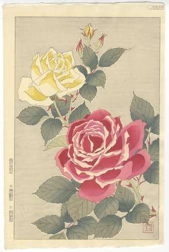 Shodo Kawarazaki, Rose, Original Japanese Woodblock Print