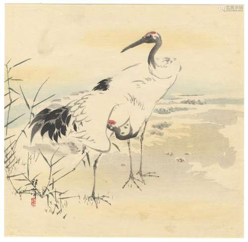 Suisan Hirafuku, Cranes, Original Japanese Woodblock Print