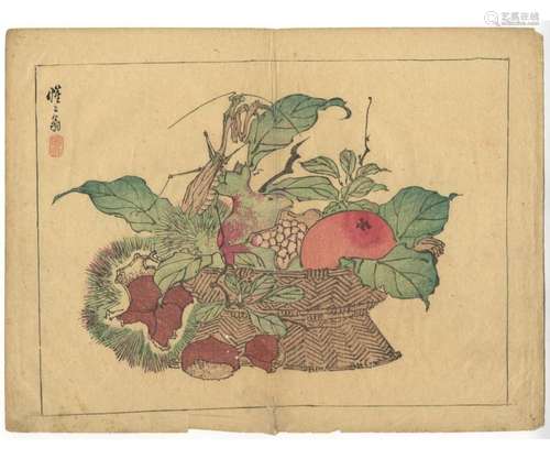 Kyosai, Autumn Fruits, Original Japanese Woodblock Print