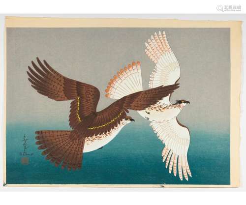 Bakufu Ono, Hawks, Original Japanese Woodblock Print