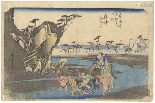 Hiroshige, River Crossing, Original Japanese Woodblock Print