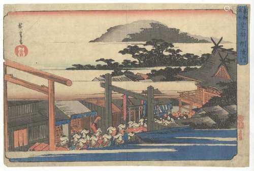 Hiroshige I, Shrine, Original Japanese Woodblock Print