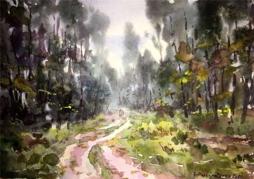 Forest path watercolor on paper