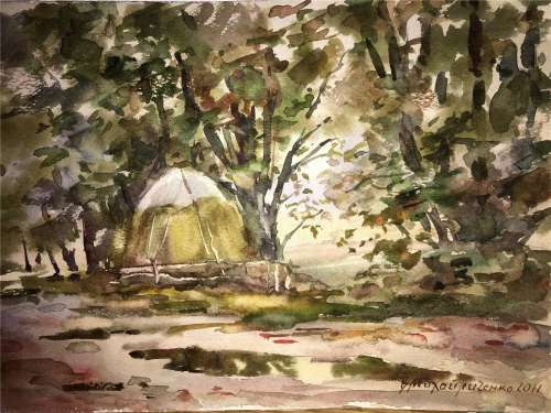 Forest watercolor painting on paper