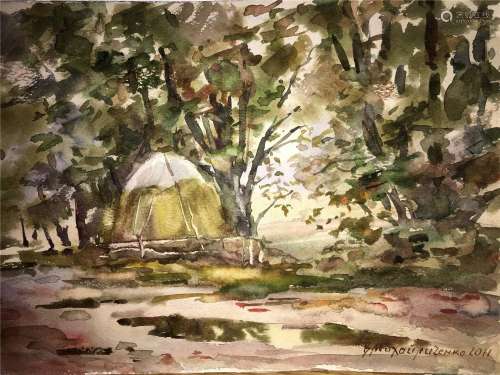 Forest watercolor painting on paper
