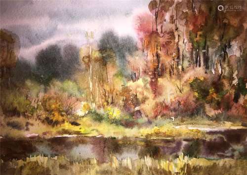 Autumn gold watercolor painting on paper
