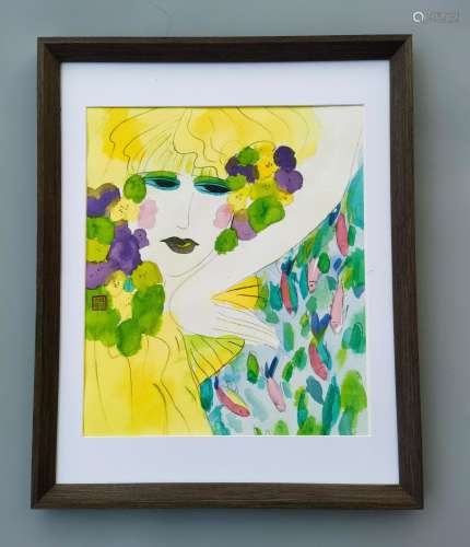 WALASSE TING ACRYLIC PAINTING ON PAPER BEAUTY AND FISH FRAME...