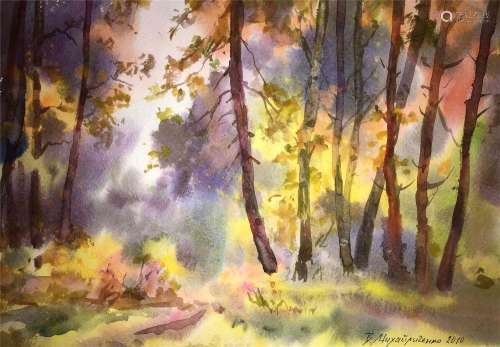 Autumn forest watercolor painting on paper