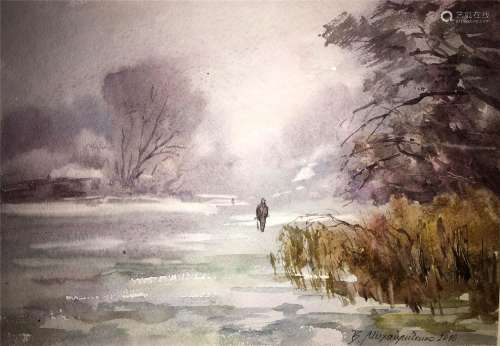 Winter forest watercolor painting on paper