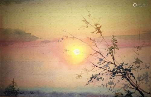 Sunset watercolor painting on paper