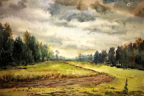 Forest and Fields watercolor painting on paper