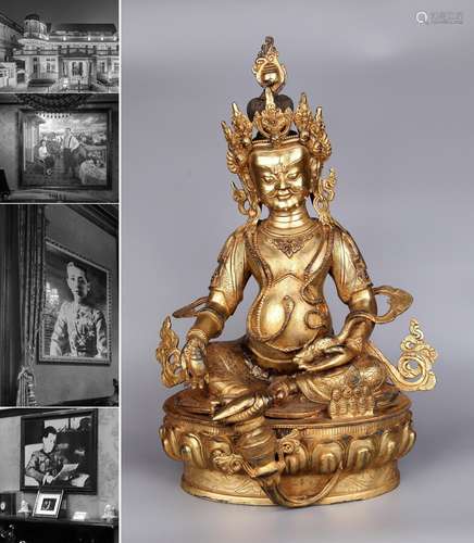 TIBETAN GILT BRONZE SEATED YELLOW JAMBHALA