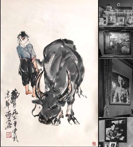 CHINESE SCROLL PAINTING OF GIRL AND OX SIGNED BY HUANGZHOU