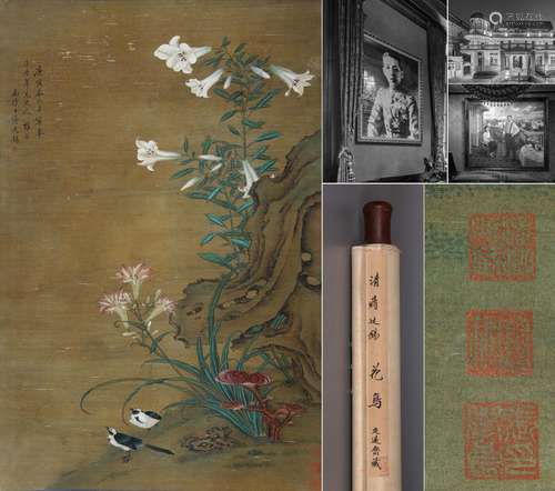 CHINESE SCROLL PAINTING OF BIRD AND FLOWER SIGNED BY JIANG T...