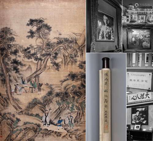 CHINESE SCROLL PAINTING OF MEN IN WOOD SIGNED BY QIUYING