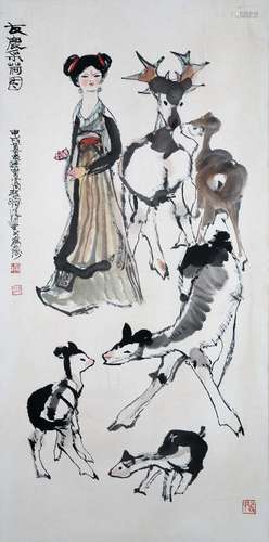 CHINESE SCROLL PAINTING OF GIRL WITH DEER SIGNED BY CHENG SH...