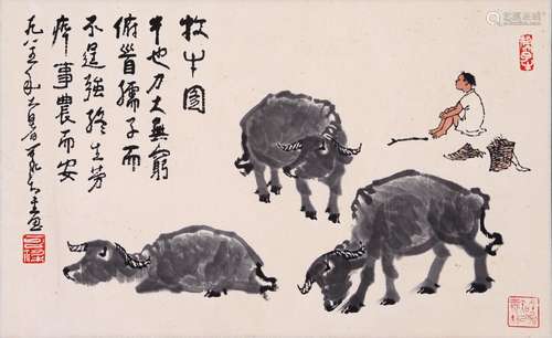 CHINESE SCROLL PAINTING OF BOY WITH OX SIGNED BY LI KERAN