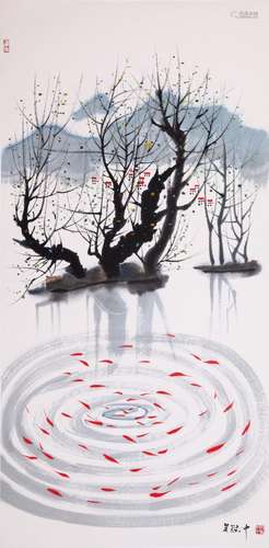 CHINESE SCROLL PAINTING OF RIVER VIEWS SIGNED BY WU GUANZHON...