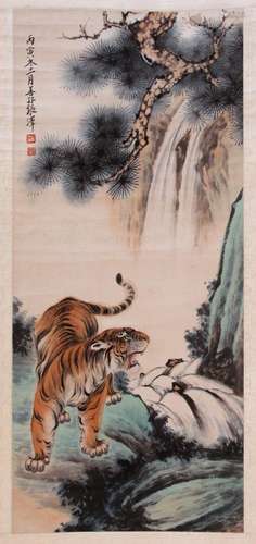 CHINESE SCROLL PAINTING OF TIGER UNDER TREE SIGNED BY ZHANG ...