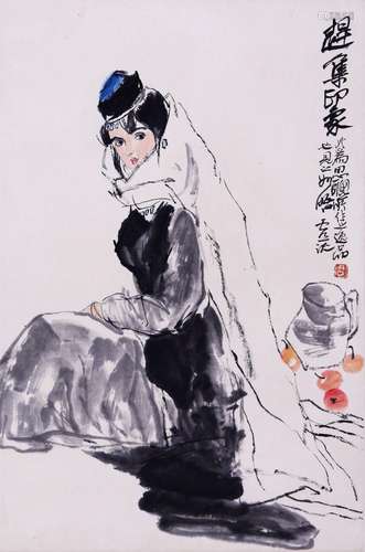 CHINESE SCROLL PAINTING OF SEATED GIRL SIGNED BY ZHOU SICONG