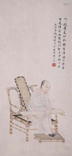 CHINESE SCROLL PAINTING OF SEATED LOHAN SIGNED BY JINCHENG