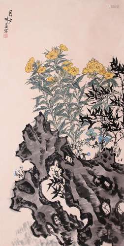 CHINESE SCROLL PAINTING OF FLOWER AND ROCK SIGNED BY GUO WEI...