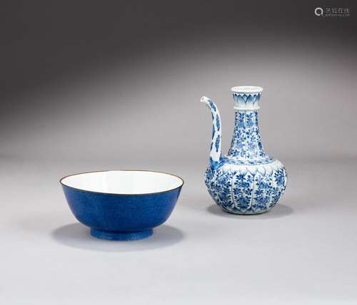 A powder-blue glazed bowl and a blue and white ‘floral’ kend...