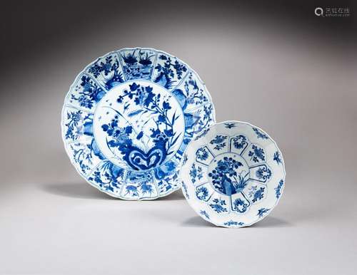 A blue and white barbed-rim ‘lotus pond’ dish and a blue and...