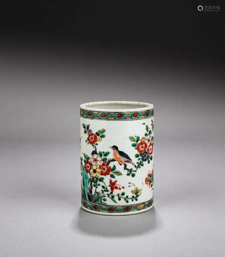 A famille-verte ‘flowers and birds’ brushpot, Qing dynasty, ...