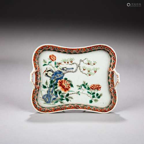 A famille-verte ‘peony and bird’ handled tray, Qing dynasty,...