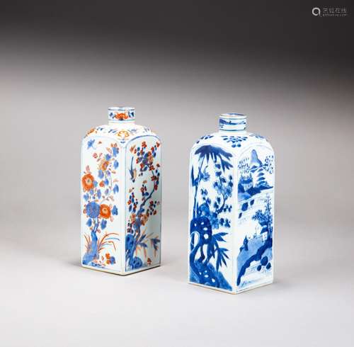 An Imari square-form bottle and cover and a blue and white s...