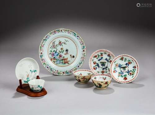 A famille-rose ‘floral’ dish, cup and saucer and a pair of c...