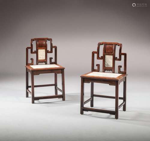 A pair of hongmu chairs with marble seats, Qing dynasty, 18t...