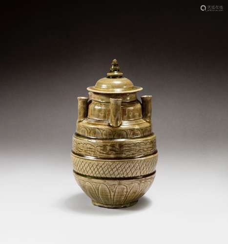 A 'Longquan' celadon-glazed five-spouted jar and cov...