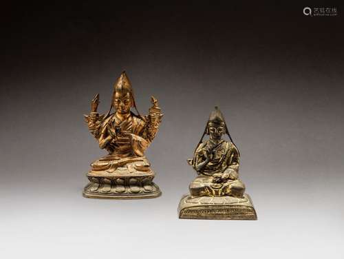 A gilt-bronze figure of Tsongkhapa and a gilt-bronze figure ...