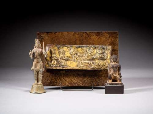 A gilt-copper plaque depicting Bhimaratharohana, a bronze st...