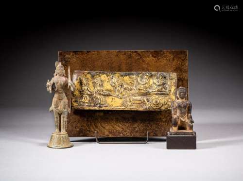 A gilt-copper plaque depicting Bhimaratharohana, a bronze st...