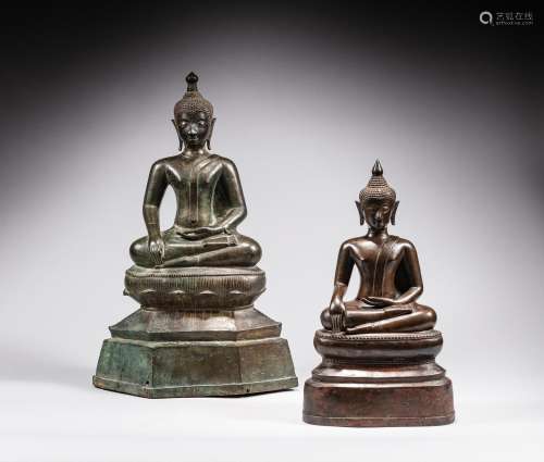 Two bronze seated figures of Buddha, Thailand, 17th - 18th c...
