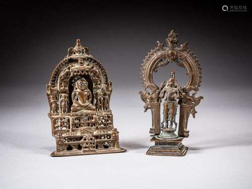 A bronze standing figure of Vishnu and a bronze Jain shrine,...